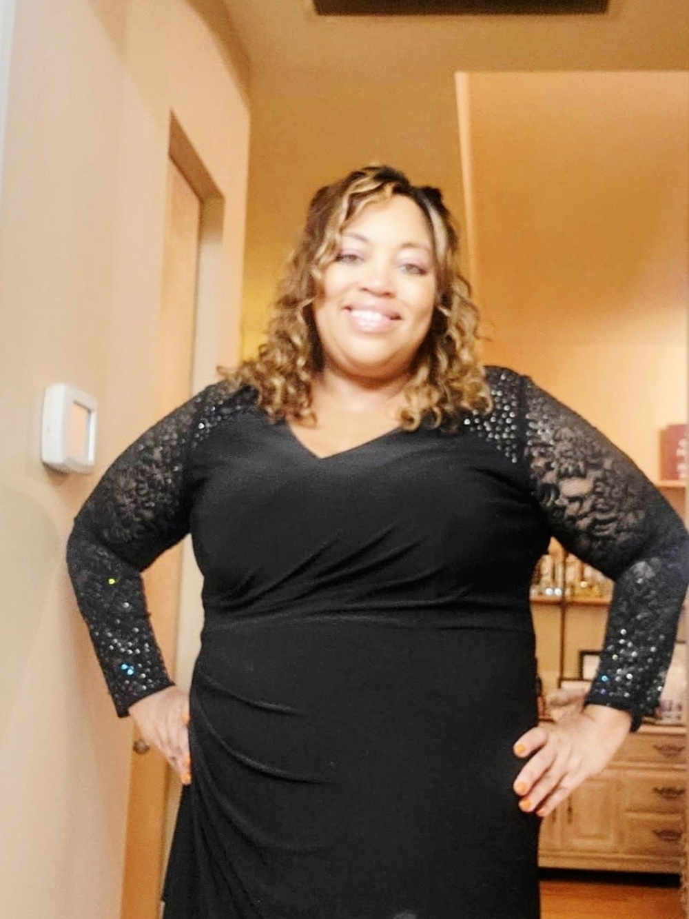 Alex Evenings Black V-Neck Tunic with Lace Sequin Sleeves
